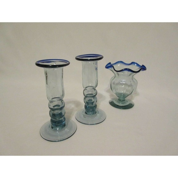 Hand Blown Recycled Mexican Glass Cobalt Blue Rim Candle Holder Set 3 - Picture 6 of 7